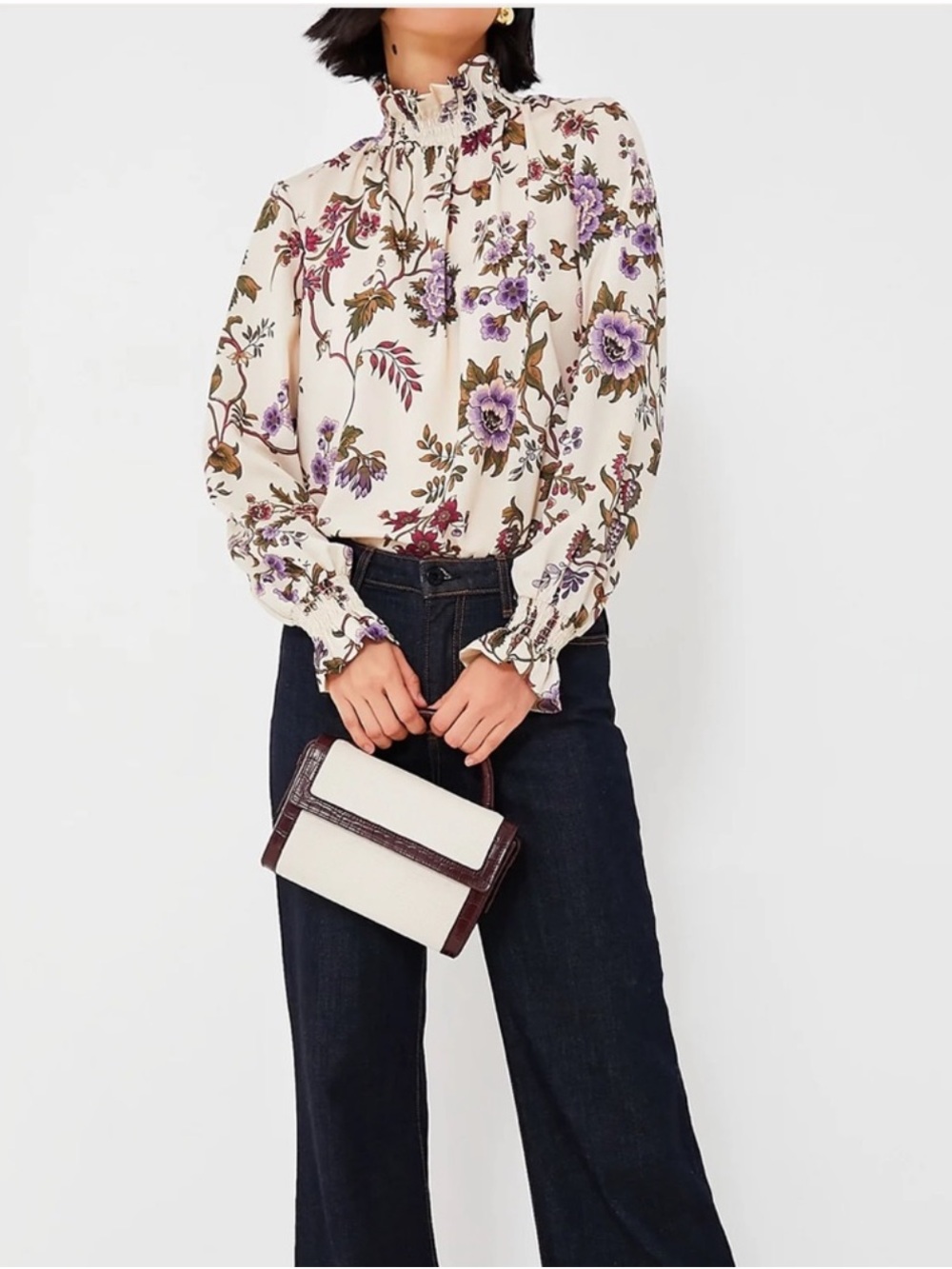 Tuckernuck Cream Floral Ruffle-Neck Blouse with Lavender Accents